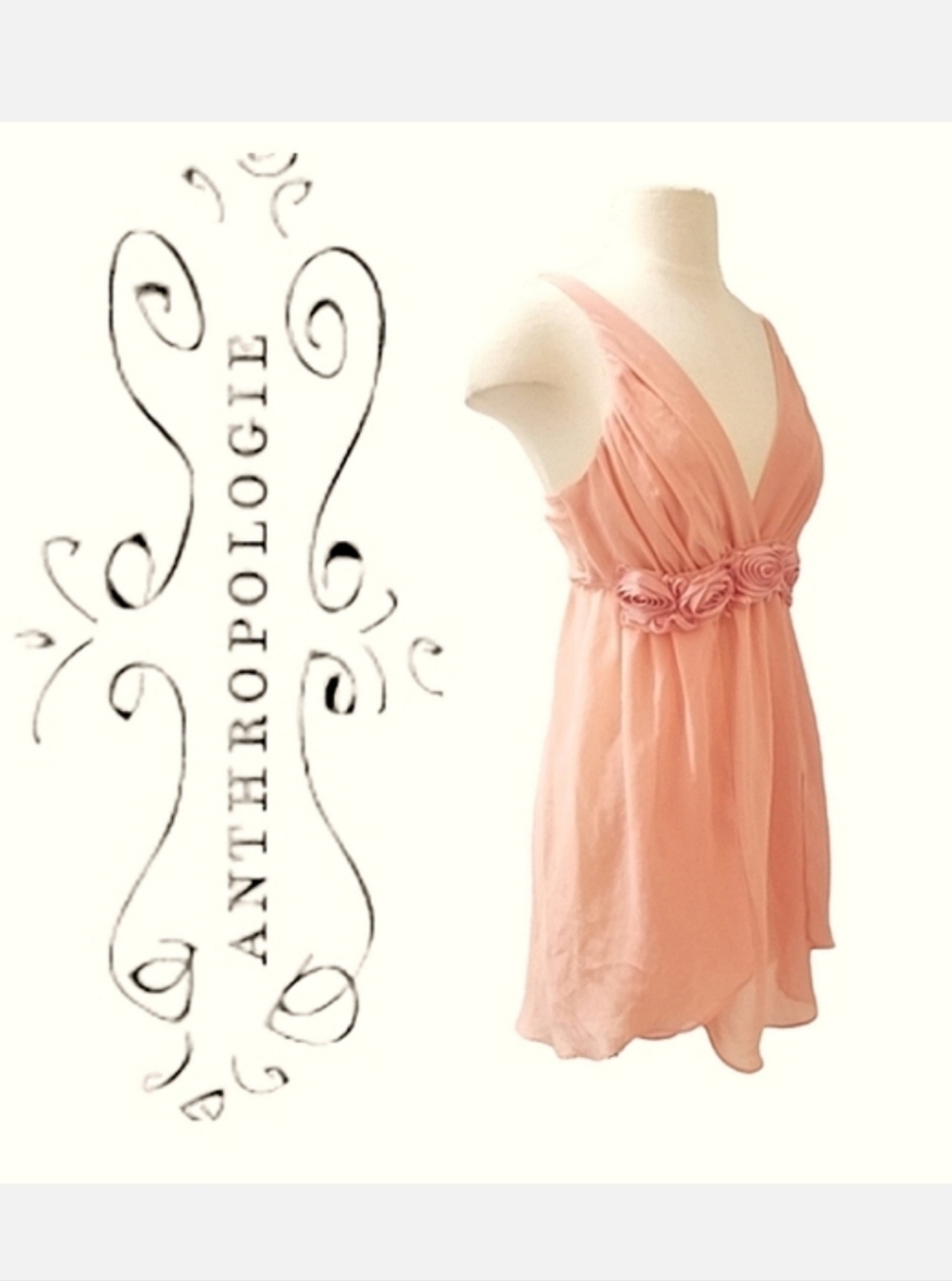 Flora for Anthropologie Peach Chiffon Chemise with Rosette Detailing Sz S